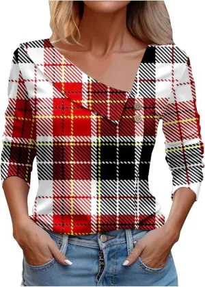 T Shirts for Women Fashion Checked 3/4 Sleeve Tops Loose V Neck Trendy Business Office Casual Pullover Blouses