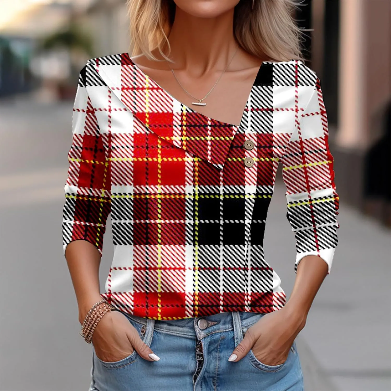 T Shirts for Women Fashion Checked 3/4 Sleeve Tops Loose V Neck Trendy Business Office Casual Pullover Blouses