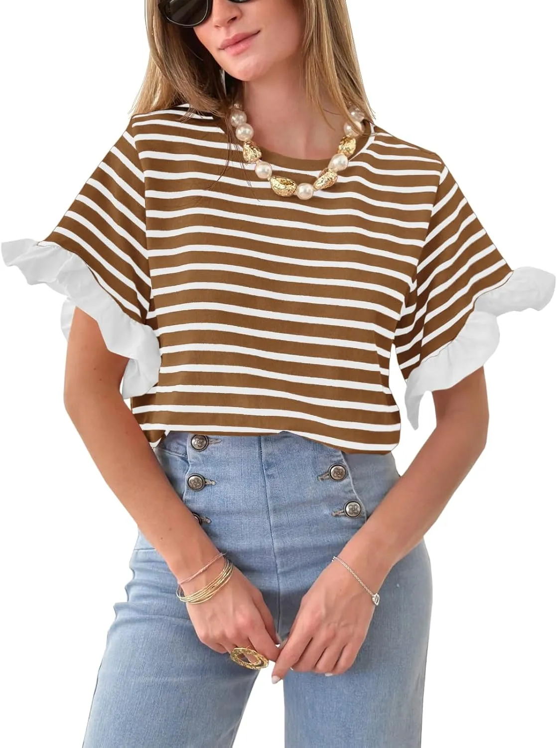 Tankaneo Women Striped Tops Ruffle Sleeve Casual Basic T Shirts Crewneck Short Sleeve Shirt Summer Outfits
