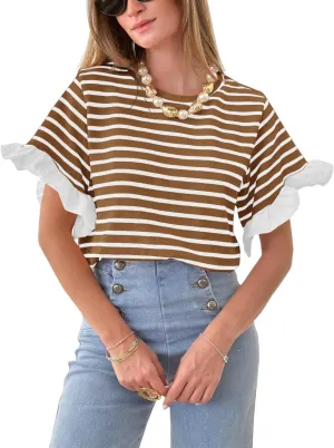 Tankaneo Women Striped Tops Ruffle Sleeve Casual Basic T Shirts Crewneck Short Sleeve Shirt Summer Outfits