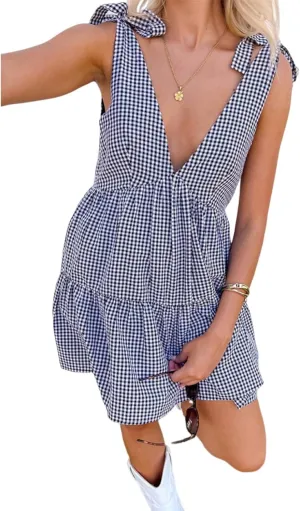 utcoco Women's 2025 Summer A Line Flowy Plaid Mini Dress Y2k Tie Shoulder Babydoll Dress Beach Vacation Outfits