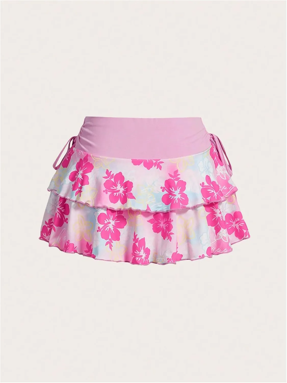 Verdusa Women's Floral Print Layered Ruffle Mini Skirts Tied Side Boho Flowy Short Skirt