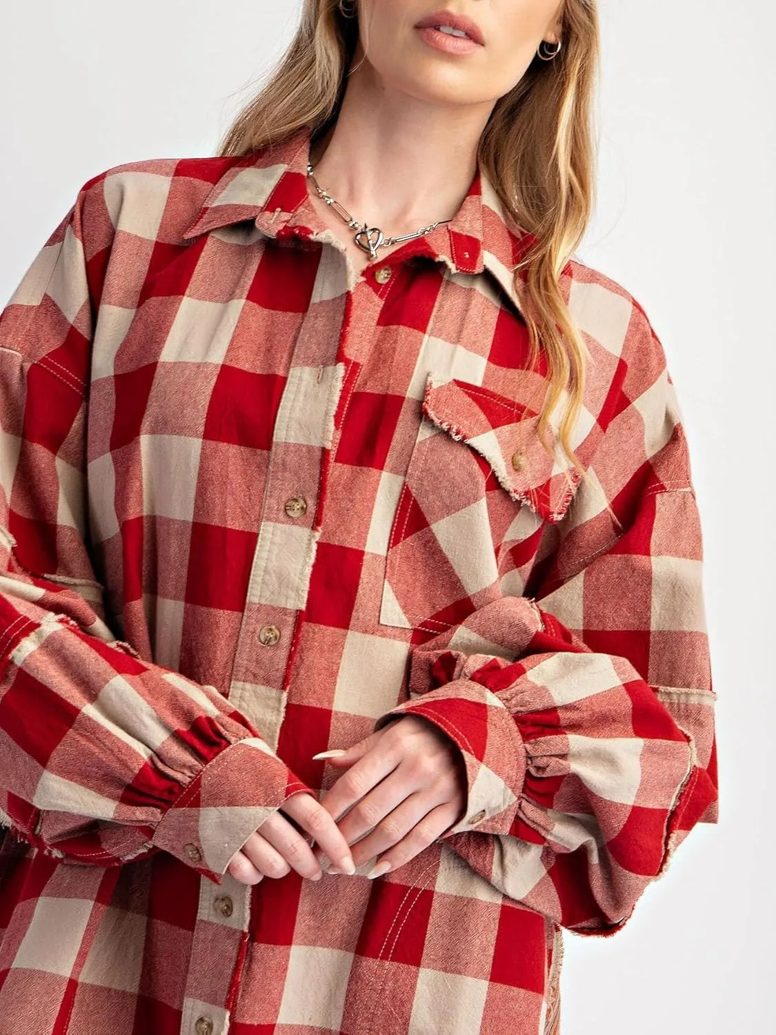 Women Flannel Plaid Shirt Dress Button Down Long Sleeve Collared Mini Dress Casual Boyfriend Shirts with Pockets