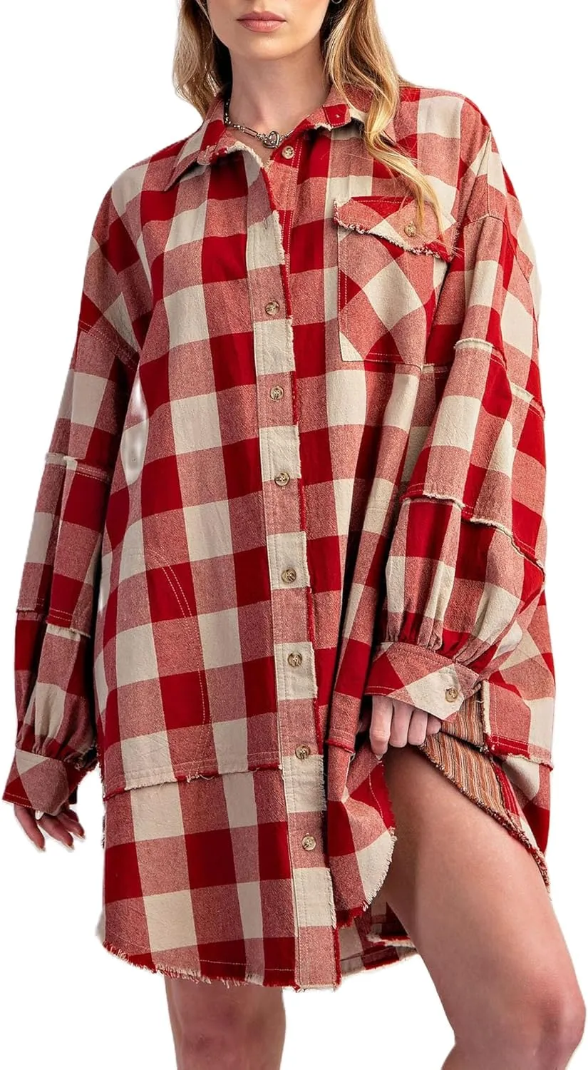 Women Flannel Plaid Shirt Dress Button Down Long Sleeve Collared Mini Dress Casual Boyfriend Shirts with Pockets