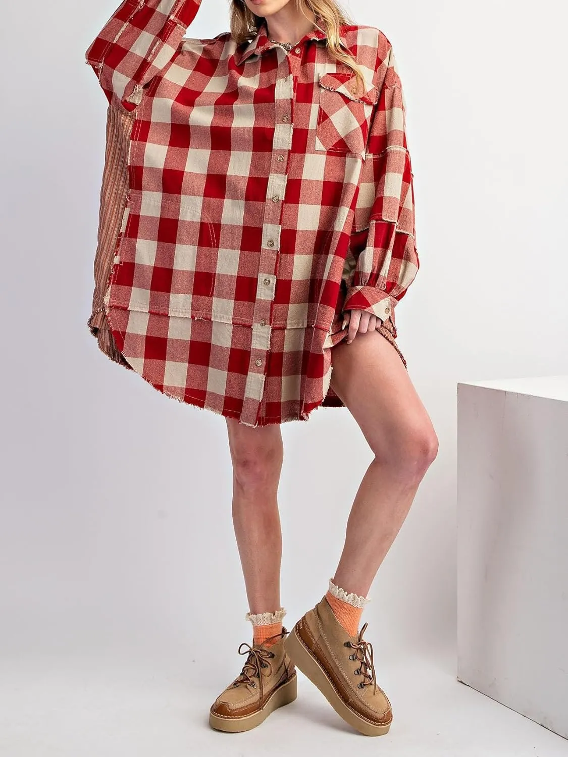 Women Flannel Plaid Shirt Dress Button Down Long Sleeve Collared Mini Dress Casual Boyfriend Shirts with Pockets