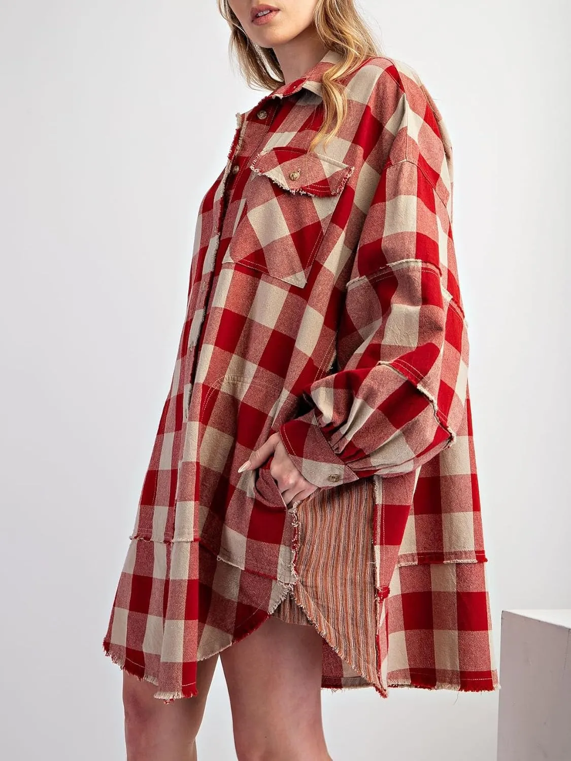 Women Flannel Plaid Shirt Dress Button Down Long Sleeve Collared Mini Dress Casual Boyfriend Shirts with Pockets