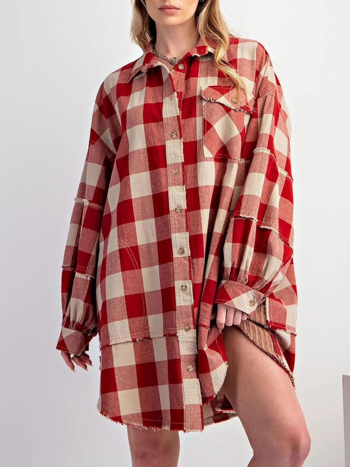Women Flannel Plaid Shirt Dress Button Down Long Sleeve Collared Mini Dress Casual Boyfriend Shirts with Pockets