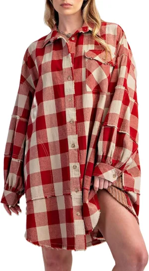 Women Flannel Plaid Shirt Dress Button Down Long Sleeve Collared Mini Dress Casual Boyfriend Shirts with Pockets