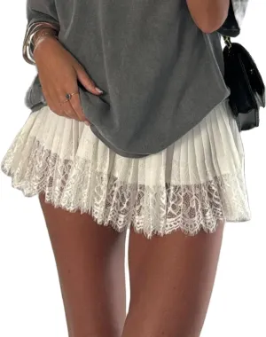 Women Y2k Lace Mini Skirts Summer Lace Slip Skirt Pleated Ruffle Floral Lace Tiered Short Skirts Underskirt