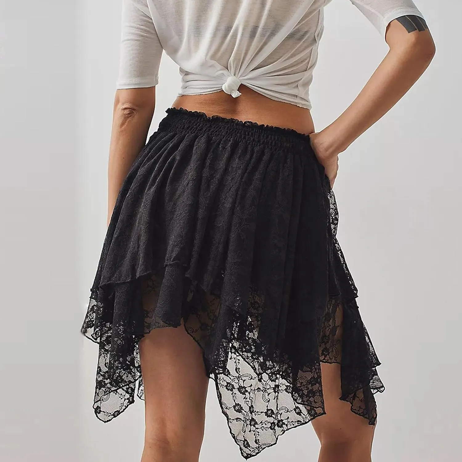 Women Y2k Lace Slip Skirt A line Pleated Flowy Short Skirt Floral Lace Tiered Mini Skirt Underskirt