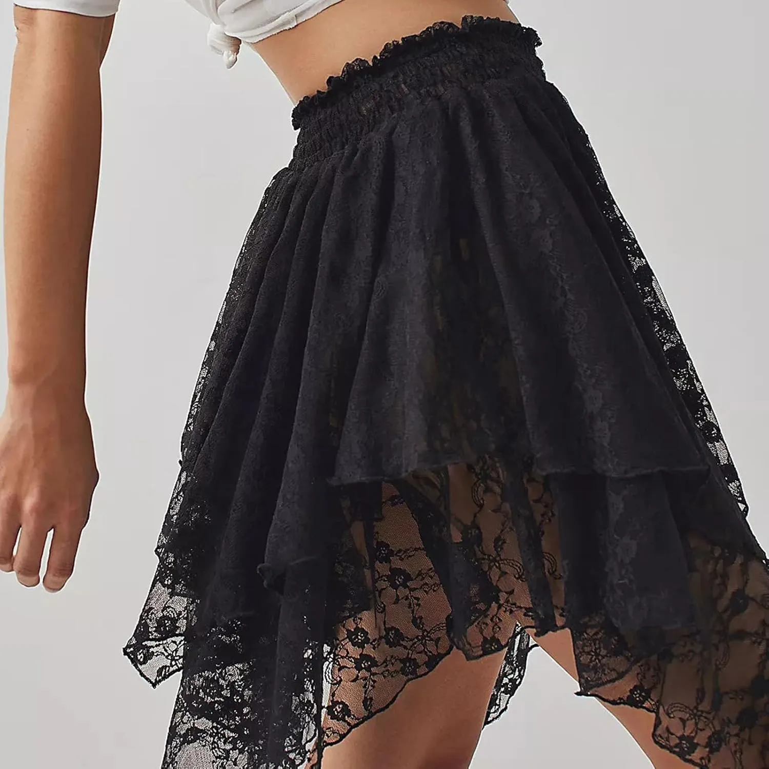 Women Y2k Lace Slip Skirt A line Pleated Flowy Short Skirt Floral Lace Tiered Mini Skirt Underskirt