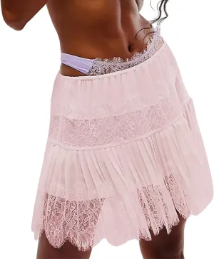 Women Y2k Lace Slip Skirt A line Pleated Flowy Short Skirt Floral Lace Tiered Mini Skirt Underskirt