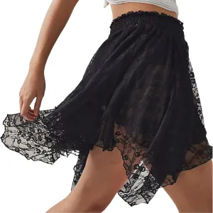 Women Y2k Lace Slip Skirt A line Pleated Flowy Short Skirt Floral Lace Tiered Mini Skirt Underskirt
