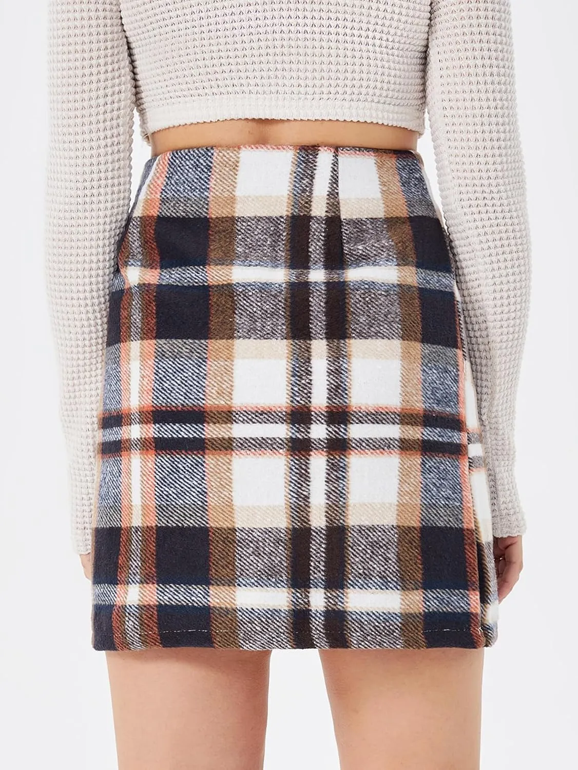 Women's Casual High Waist Plaid Skirt Bodycon Pencil Wool Mini Skirts