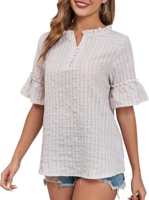 Womens Casual Short Sleeve Cotton Blouse Summer Striped Shirts V Neck Fashion Tops