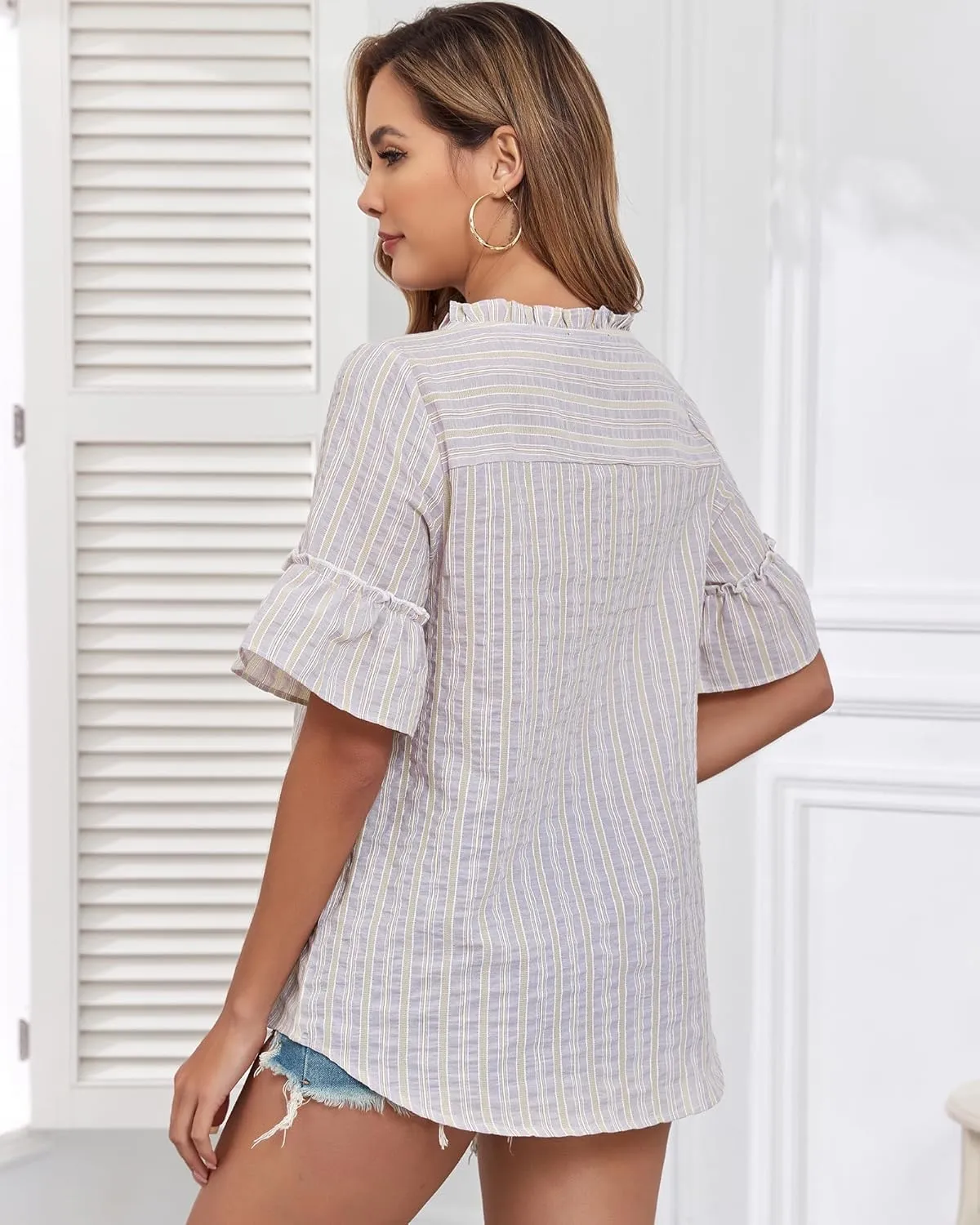 Womens Casual Short Sleeve Cotton Blouse Summer Striped Shirts V Neck Fashion Tops