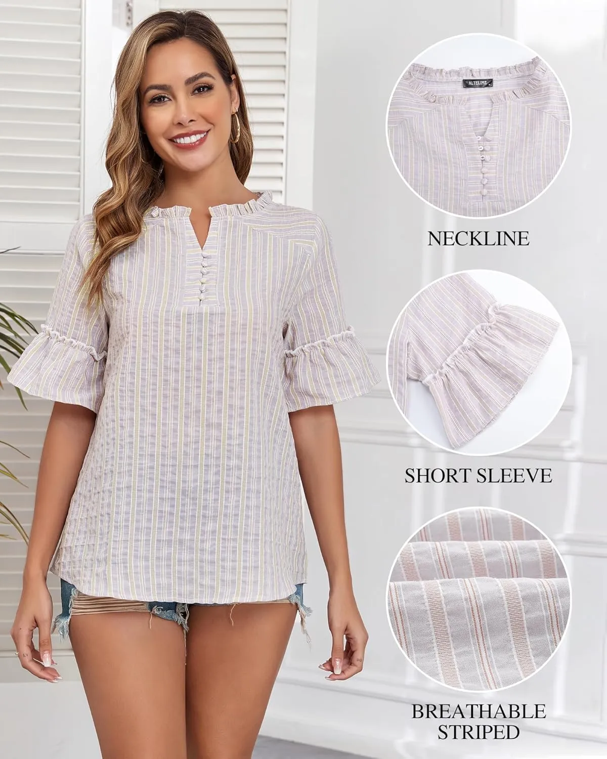 Womens Casual Short Sleeve Cotton Blouse Summer Striped Shirts V Neck Fashion Tops