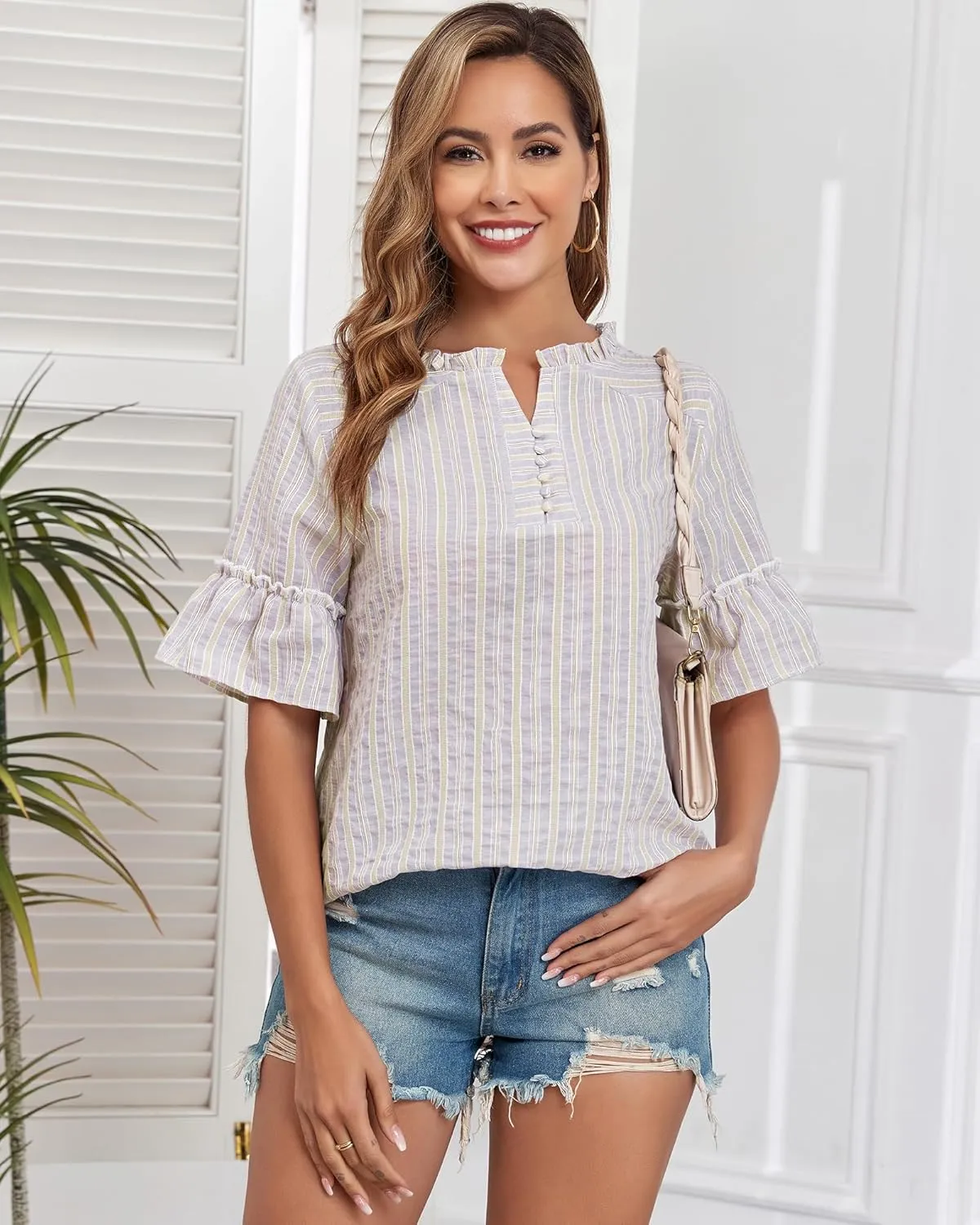 Womens Casual Short Sleeve Cotton Blouse Summer Striped Shirts V Neck Fashion Tops