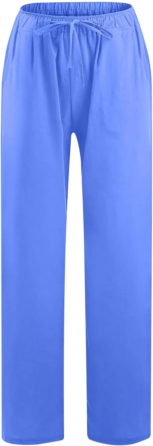 Women's Cotton Linen Pants Summer Drawstring High Waisted Palazzo Pants Casual Wide Leg Yoga Pants with Pockets