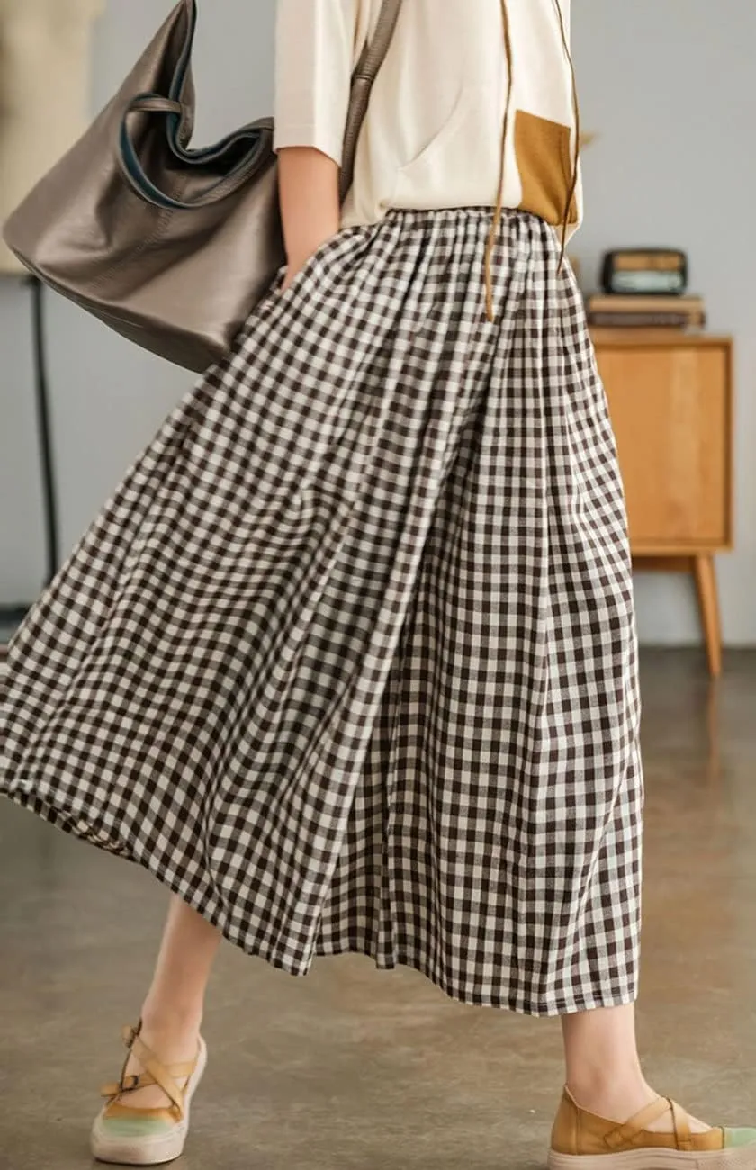 Women's Cotton Linen Wide Leg Culottes Pants Elastic Waist Plaid Gingham Capri Palazzo Pants