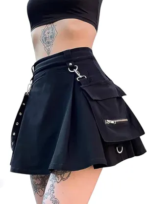 Womens High Waisted Goth Skirt Black Mini Skirts with Chain Short A-line Pleated School Tennis Dress