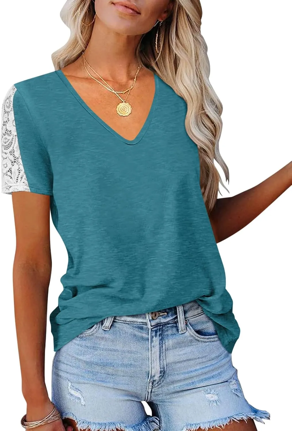 Womens Lace Short Sleeve V Neck T Shirts Summer Casual Tops Loose Fit Tees Blouses
