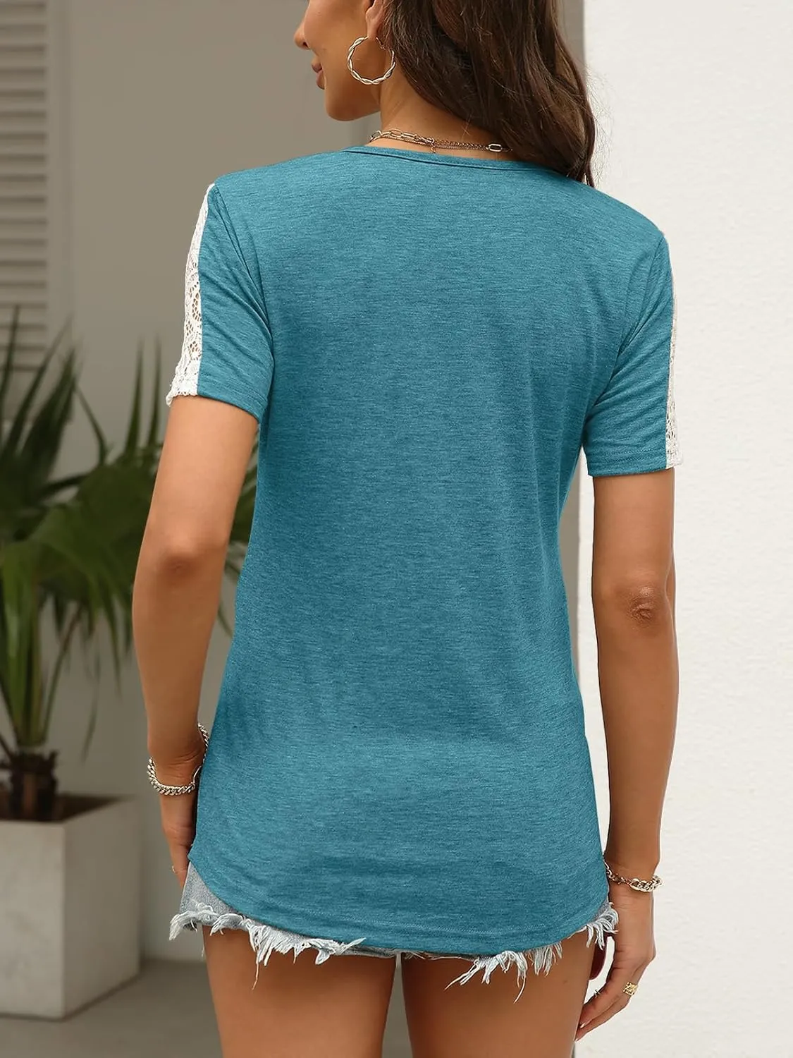 Womens Lace Short Sleeve V Neck T Shirts Summer Casual Tops Loose Fit Tees Blouses