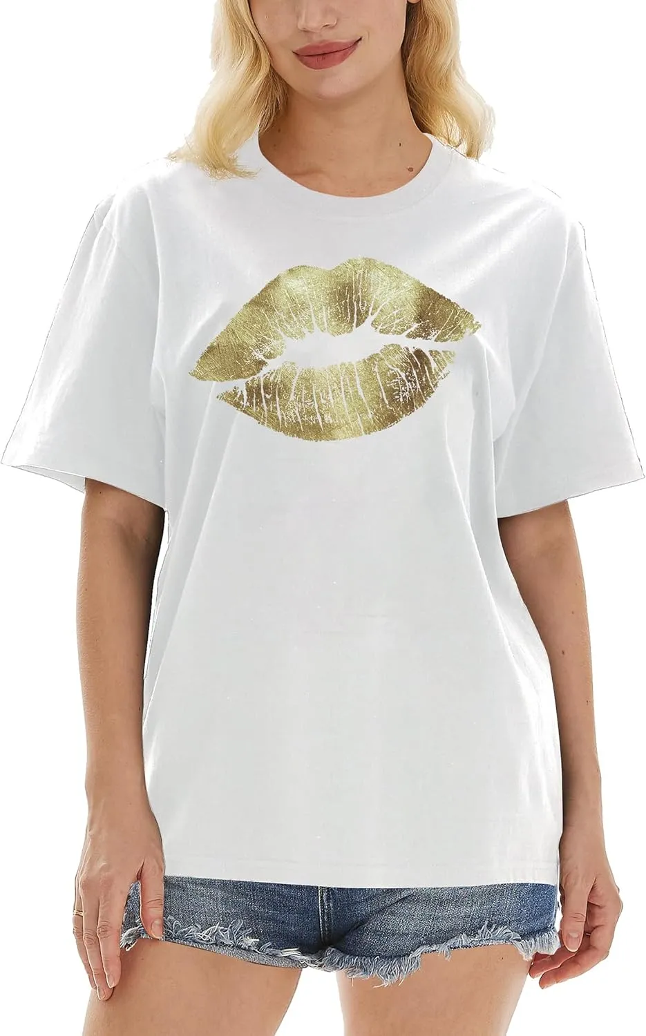 Women's Lips Short Sleeve T-Shirts Print Crew Neck Loose Fit Lightweight Polyester Tops Fashion Graphic Casual