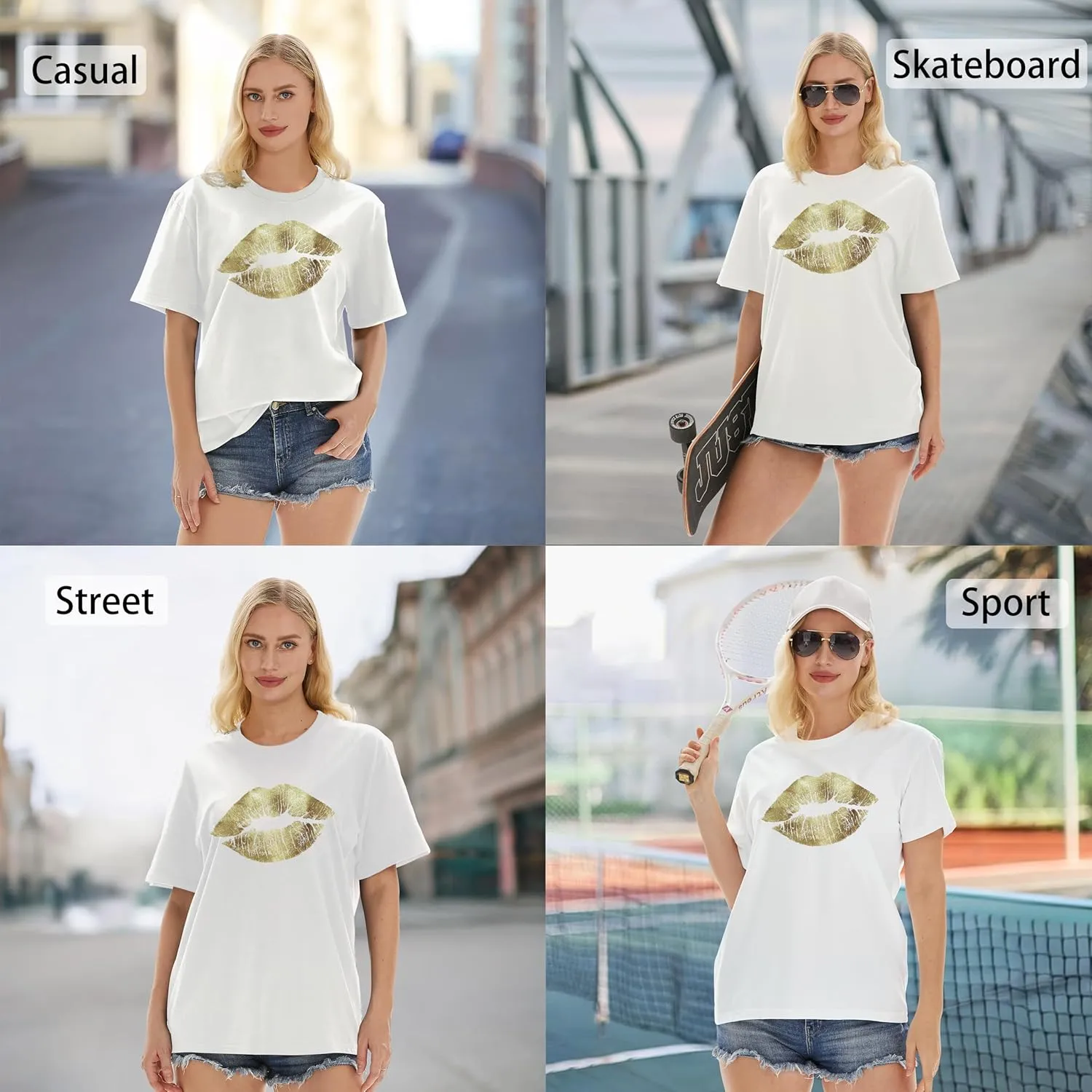 Women's Lips Short Sleeve T-Shirts Print Crew Neck Loose Fit Lightweight Polyester Tops Fashion Graphic Casual