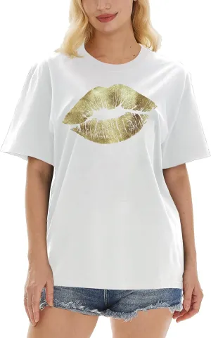 Women's Lips Short Sleeve T-Shirts Print Crew Neck Loose Fit Lightweight Polyester Tops Fashion Graphic Casual