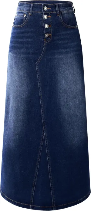 Womens Long Denim Skirt Casual A-Line Stretch Jean Skirt for Women High Waisted Vintage Denim Maxi Skirt with Pockets Blue