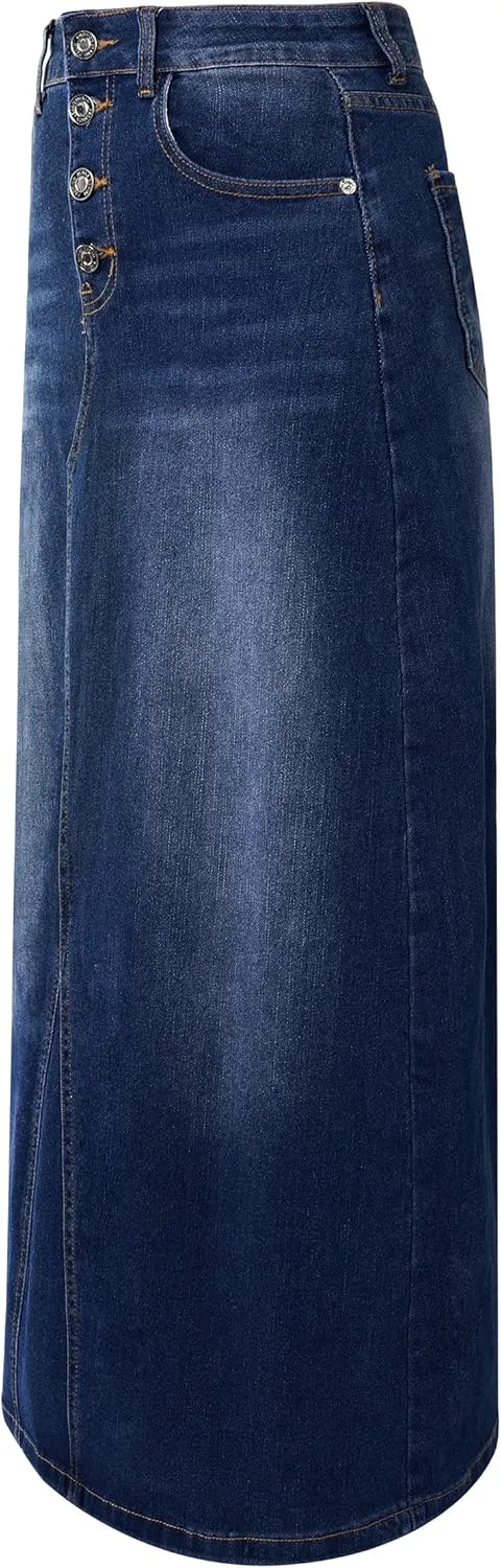 Womens Long Denim Skirt Casual A-Line Stretch Jean Skirt for Women High Waisted Vintage Denim Maxi Skirt with Pockets Blue