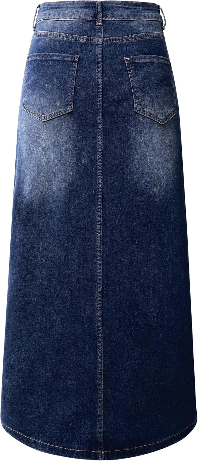Womens Long Denim Skirt Casual A-Line Stretch Jean Skirt for Women High Waisted Vintage Denim Maxi Skirt with Pockets Blue