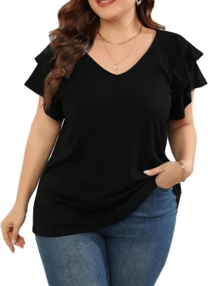 Women's Plus Size Tops Ruffle Short Sleeve V Neck Solid T Shirts Casual Loose Blouses Tunic Top