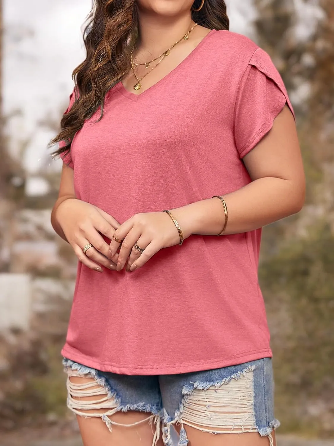 Womens Plus Size Tops V Neck T Shirts Casual Loose Petal Sleeve Tee Shirts