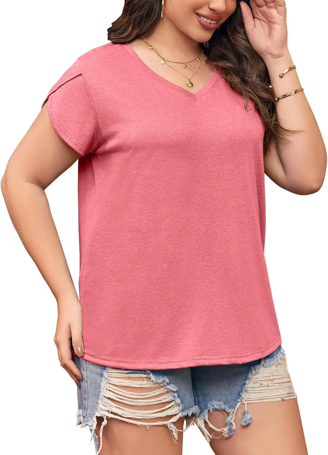 Womens Plus Size Tops V Neck T Shirts Casual Loose Petal Sleeve Tee Shirts