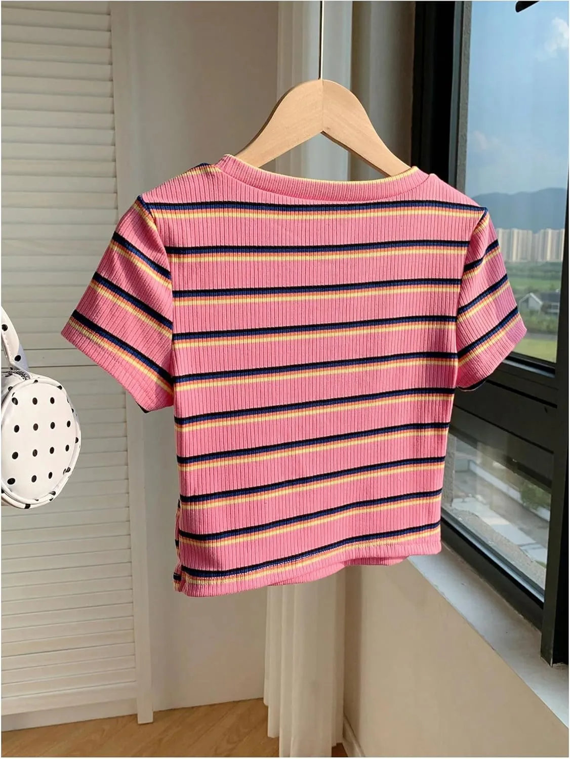 Women's Striped Colorblock T Shirt Short Sleeve Crew Neck Ribbed Knit Crop Tops