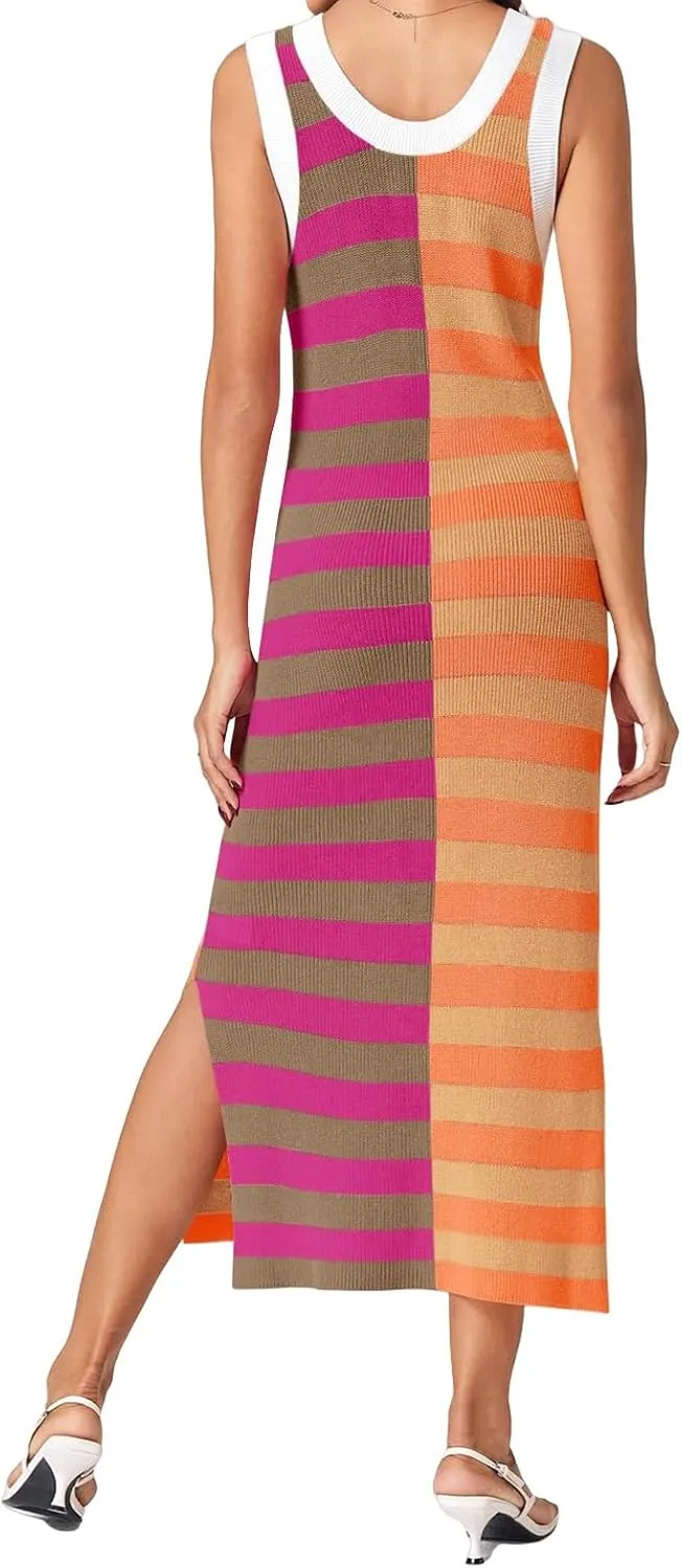 Womens Striped Summer Dresses 2025 Sleeveless Crewneck Knit Textured Contrast Color Side Slit Casual Long Dresses