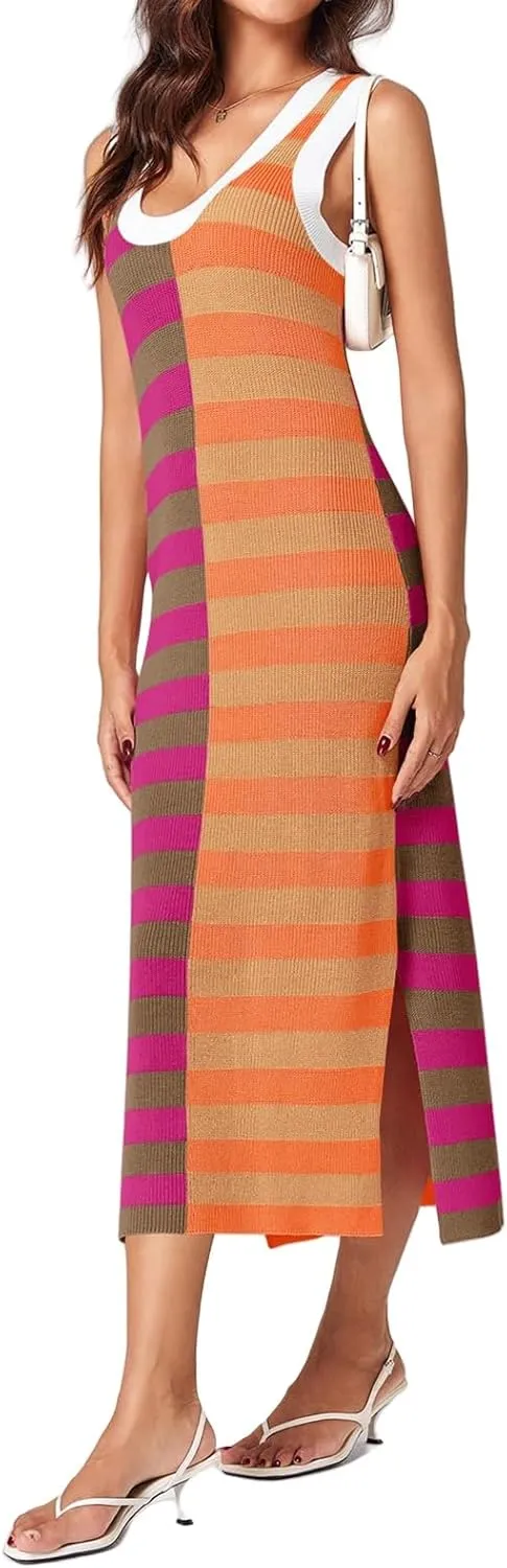 Womens Striped Summer Dresses 2025 Sleeveless Crewneck Knit Textured Contrast Color Side Slit Casual Long Dresses