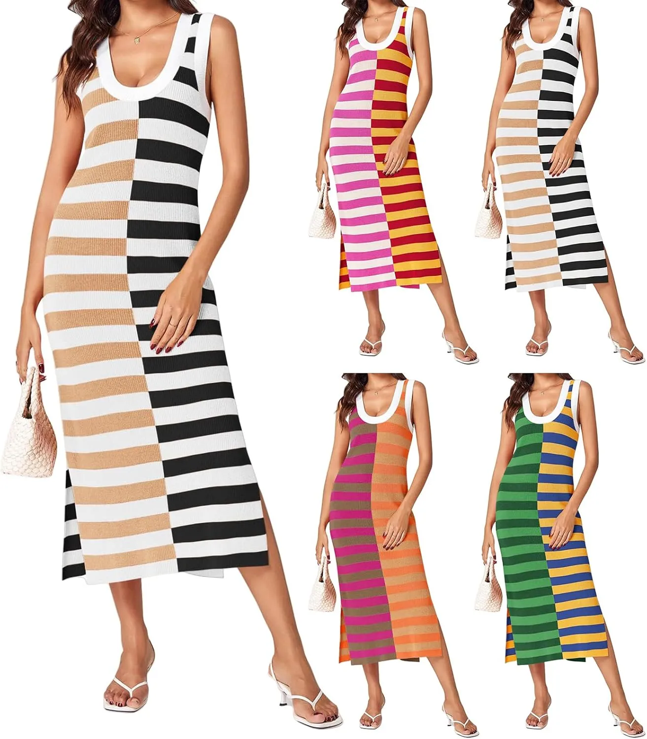 Womens Striped Summer Dresses 2025 Sleeveless Crewneck Knit Textured Contrast Color Side Slit Casual Long Dresses