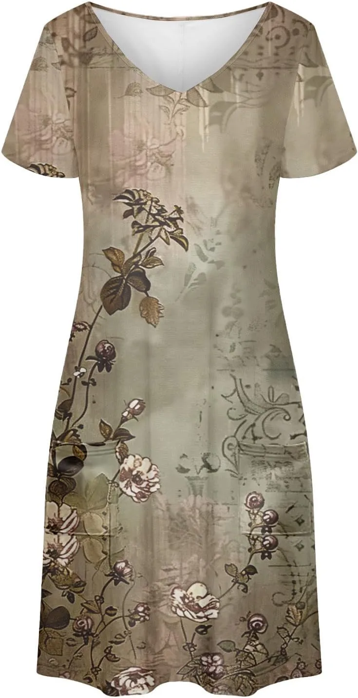 Womens Summer Dresses Fashion Casual Short Sleeve V Neck Soft Loose Flowy Short Dress Beach Sundresses with Pocket