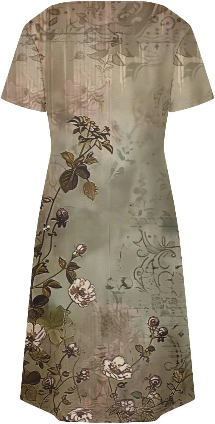 Womens Summer Dresses Fashion Casual Short Sleeve V Neck Soft Loose Flowy Short Dress Beach Sundresses with Pocket