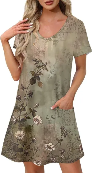 Womens Summer Dresses Fashion Casual Short Sleeve V Neck Soft Loose Flowy Short Dress Beach Sundresses with Pocket