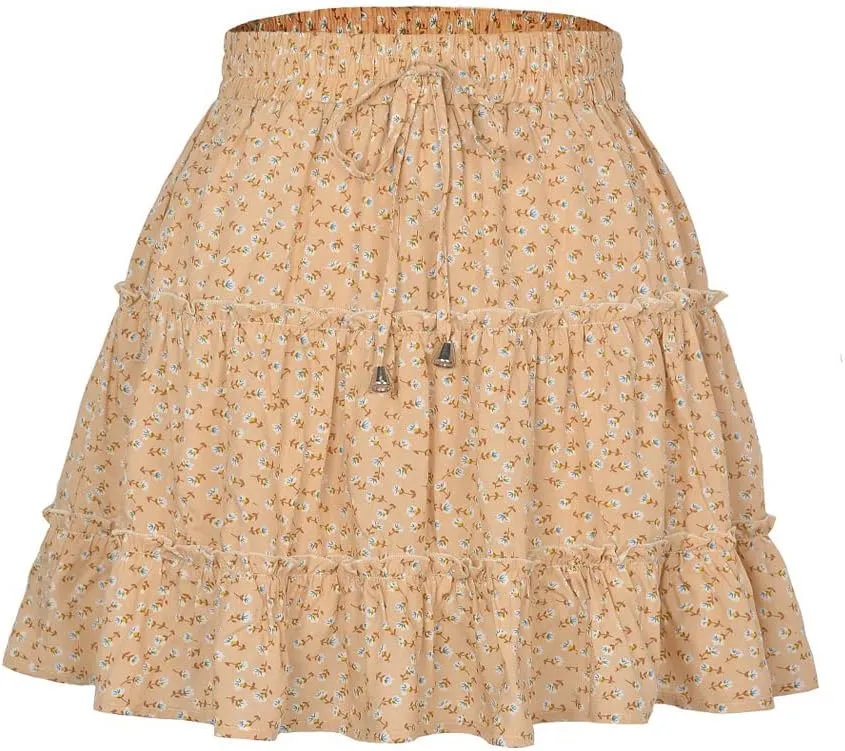 Womens Summer Flowy Tiered Ruffle Mini Skirt Cute High Waist Beach Boho Floral Polka Dot Short Skirts